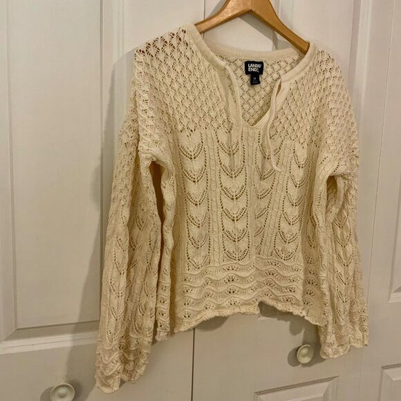 Lands’ End Ivory Pointelle Notch Neck Long Sleeve Sweater Medium - Picture 5 of 11